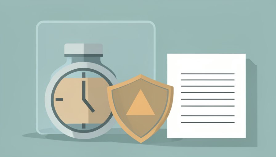 Conceptual illustration of a prescription bottle held behind a paused clock and a shield with a warning triangle, evoking a stalled pharmacy prior authorization