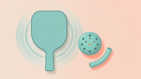 A pickleball paddle with cushion waves around the handle, a perforated ball, and an elbow support sleeve
