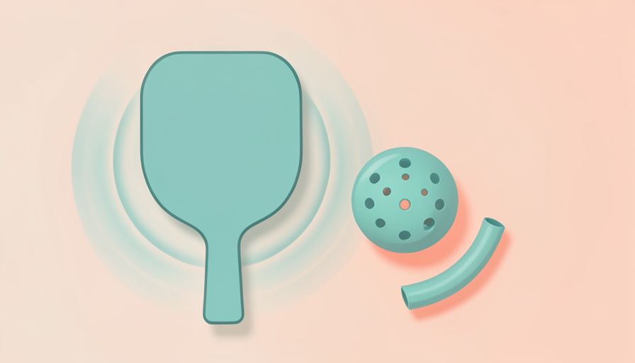 A pickleball paddle with cushion waves around the handle, a perforated ball, and an elbow support sleeve