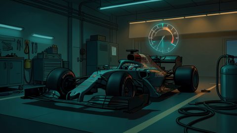Conceptual illustration of a generic Formula 1 car in a pit garage with a fuel-flow gauge graphic overlay