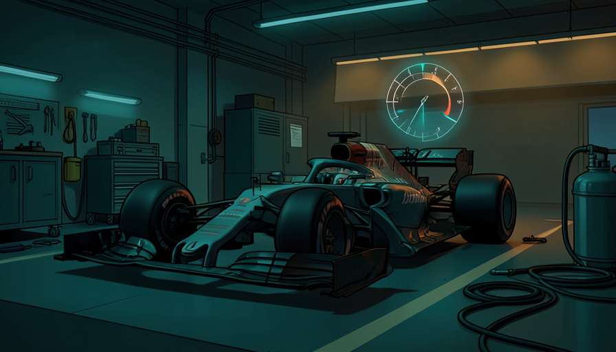 Conceptual illustration of a generic Formula 1 car in a pit garage with a fuel-flow gauge graphic overlay