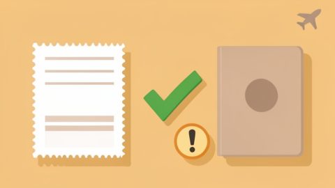 Conceptual illustration of a blank boarding pass beside a blank passport booklet with a green checkmark where the names align and a small warning mark, evoking matching a ticket name to a passport