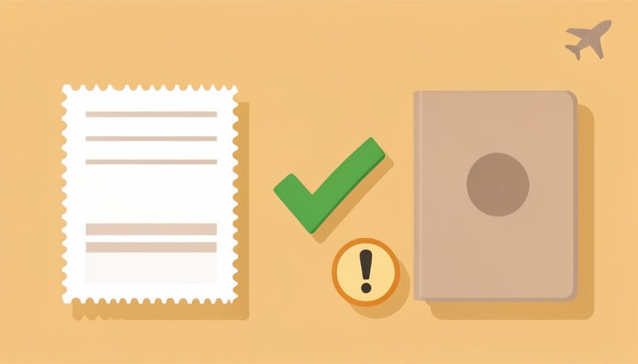 Conceptual illustration of a blank boarding pass beside a blank passport booklet with a green checkmark where the names align and a small warning mark, evoking matching a ticket name to a passport