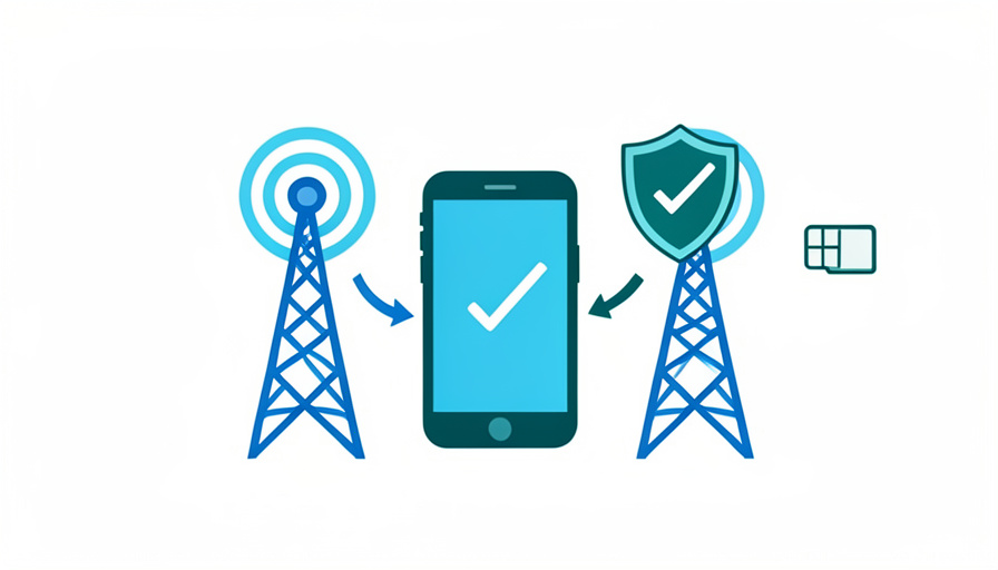 A smartphone moving between two cell towers with a two-factor security shield and a SIM card