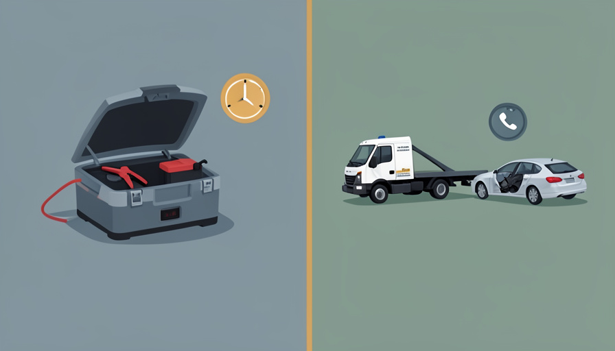 A portable jump starter with clamps on a battery and a clock, beside a tow truck loading a car and a phone-call icon