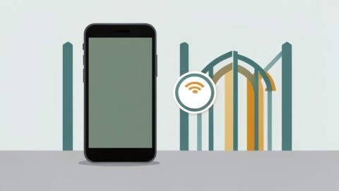 Conceptual illustration of a phone facing a Wi-Fi login gate while its device identity badge shuffles to a new one, evoking a randomized address blocked at a captive portal