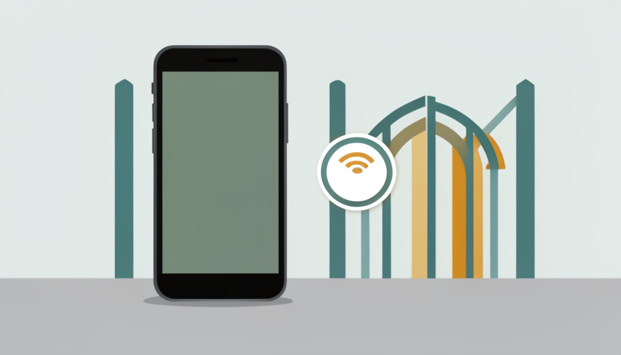 Conceptual illustration of a phone facing a Wi-Fi login gate while its device identity badge shuffles to a new one, evoking a randomized address blocked at a captive portal