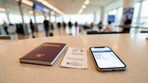 A passport, a printed flight ticket, and a smartphone showing a flight reservation on an airport check-in counter