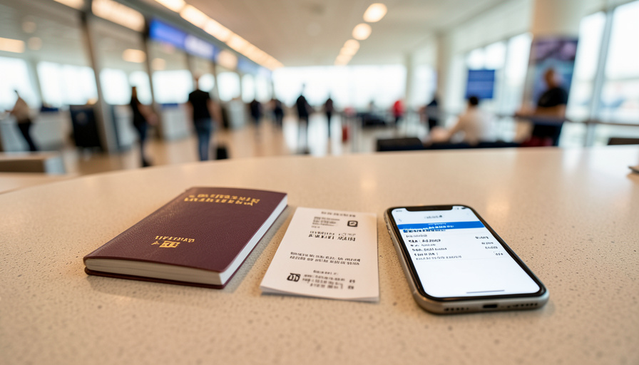 A passport, a printed flight ticket, and a smartphone showing a flight reservation on an airport check-in counter