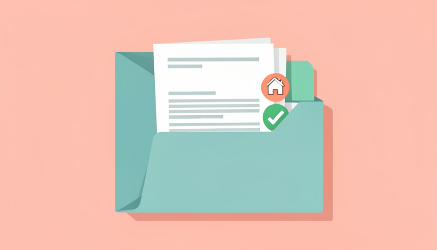An open folder of documents with a cover letter, statement, ID card, a house icon, and a green checkmark