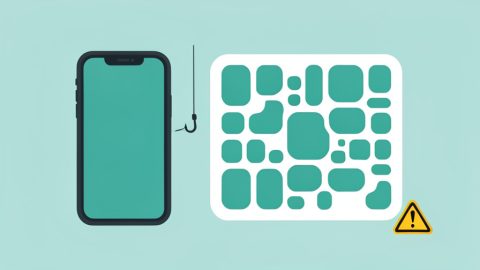 Conceptual illustration of a smartphone scanning a stylized square code pattern with a fishing hook and a warning symbol, evoking a fake QR code payment scam
