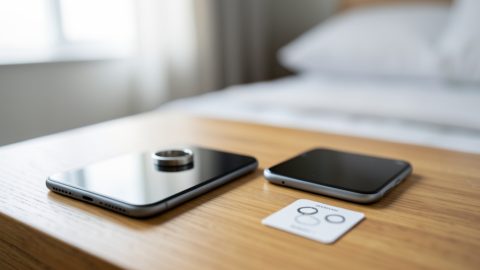 A titanium smart ring on a bedside table beside a blank-screen phone and a plastic sizing card in soft morning light
