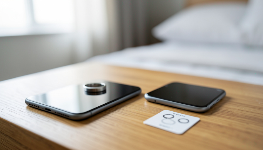 A titanium smart ring on a bedside table beside a blank-screen phone and a plastic sizing card in soft morning light