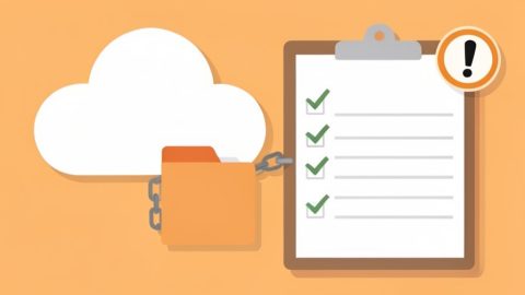 Conceptual illustration of a cloud icon beside a checklist and a folder with a shared-link chain, with a warning mark, evoking questions to settle before canceling cloud storage