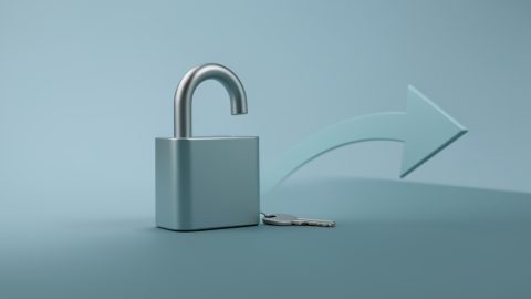 Conceptual illustration of an open padlock beside a key and an outbound arrow, evoking safely moving logins out of a password manager