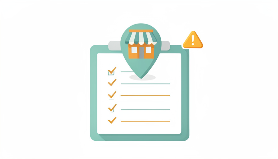 Conceptual illustration of a storefront map pin on a checklist clipboard with a warning symbol, evoking vetting a helper before handing over a Google Business Profile
