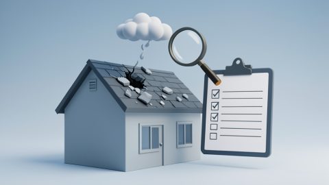 Conceptual illustration of a damaged roof with a clipboard checklist and a magnifying glass, evoking vetting a roofer after a storm