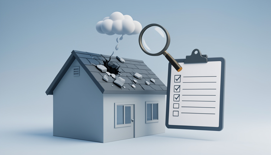 Conceptual illustration of a damaged roof with a clipboard checklist and a magnifying glass, evoking vetting a roofer after a storm