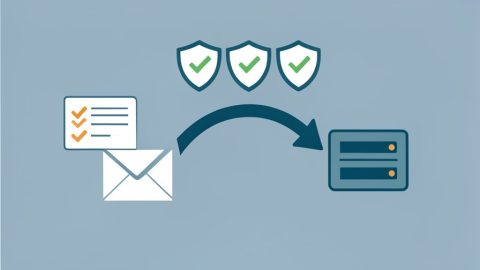 A checklist beside an email envelope moving between two providers with SPF, DKIM, and DMARC alignment badges