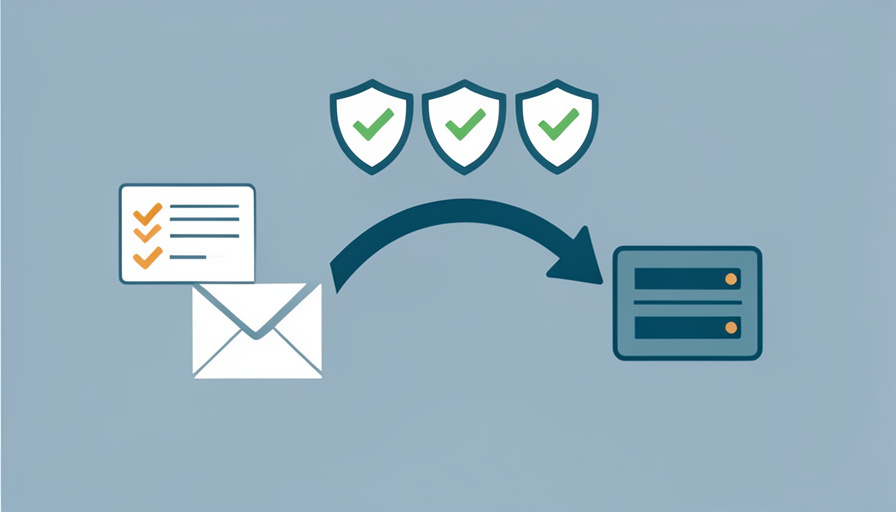 A checklist beside an email envelope moving between two providers with SPF, DKIM, and DMARC alignment badges
