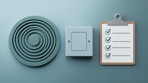 Conceptual illustration of an induction cooktop coil beside an electrical panel and a checklist, evoking electrical questions before switching to induction in an older home