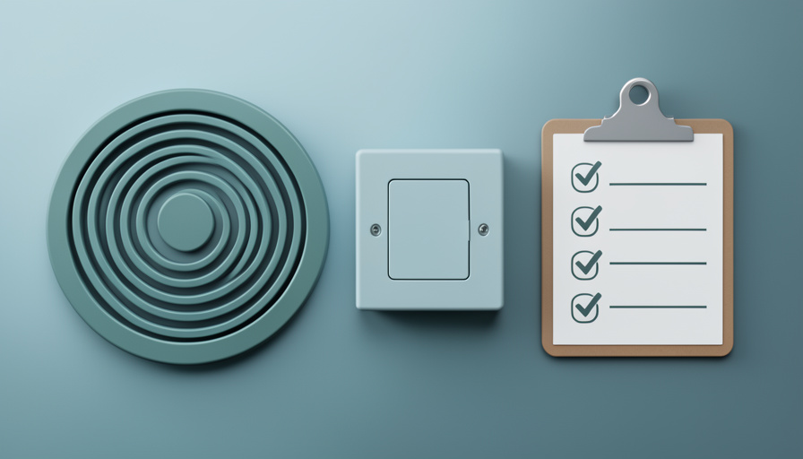Conceptual illustration of an induction cooktop coil beside an electrical panel and a checklist, evoking electrical questions before switching to induction in an older home