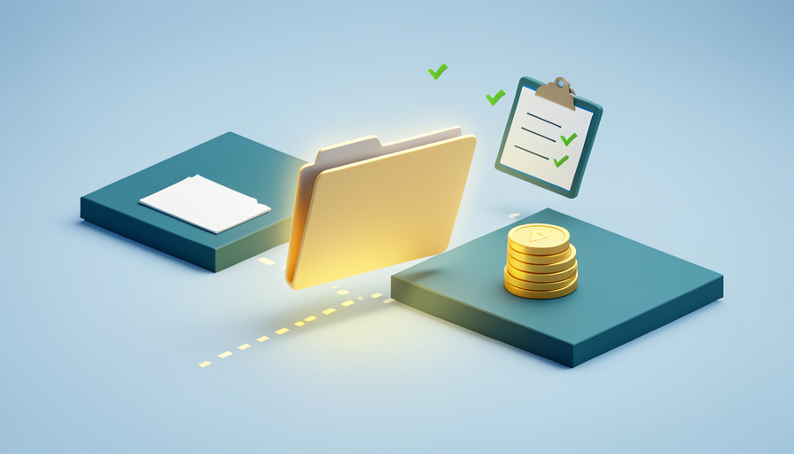 Conceptual illustration of a payroll data folder moving between two platforms with a checklist and calendar, evoking a mid-year payroll provider switch