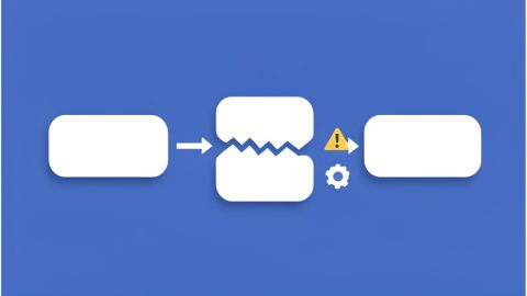 Conceptual illustration of connected workflow boxes joined by arrows with one link broken and a small warning symbol, evoking automations breaking when switching project management tools