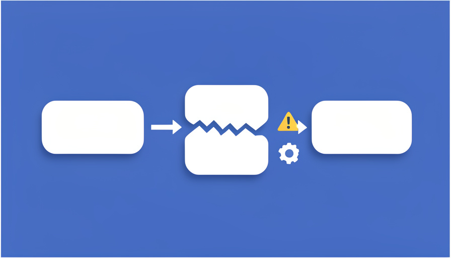 Conceptual illustration of connected workflow boxes joined by arrows with one link broken and a small warning symbol, evoking automations breaking when switching project management tools