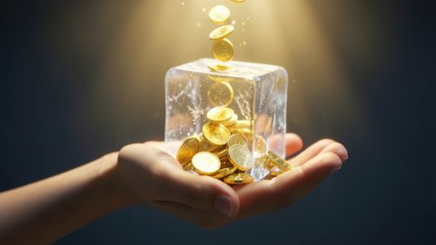 A hand holding a clear block of ice filled with gold coins melting free, symbolizing frozen business funds being released after a payment hold