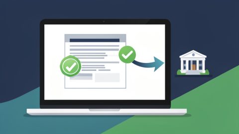 A laptop sending a structured invoice with a compliance checkmark to a government office icon