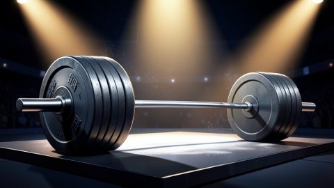 Conceptual illustration of a loaded barbell bending under massive weight plates on a competition stage under spotlights