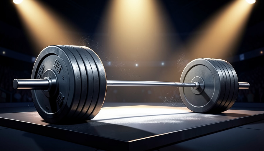 Conceptual illustration of a loaded barbell bending under massive weight plates on a competition stage under spotlights