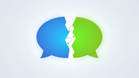 Conceptual illustration of a broken chat bubble splitting between a blue phone and a green phone, evoking group messages breaking across platforms