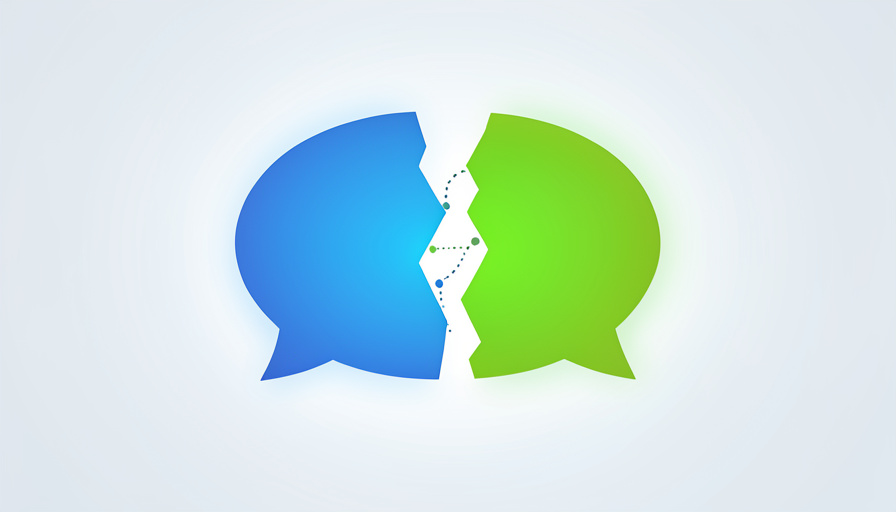 Conceptual illustration of a broken chat bubble splitting between a blue phone and a green phone, evoking group messages breaking across platforms