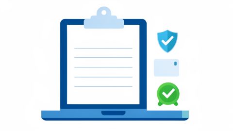 A blank verification document on a clipboard on a laptop with an ID card, shield, and checkmark