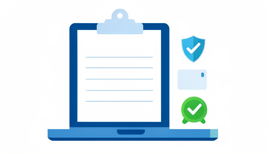 A blank verification document on a clipboard on a laptop with an ID card, shield, and checkmark