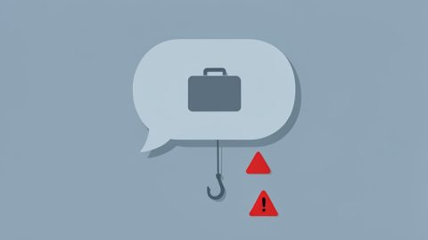 Conceptual illustration of a chat message bubble with a briefcase and a fishing hook, evoking a remote job offer scam in a direct message