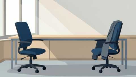 Conceptual illustration of two office chairs facing off across a desk, one empty and one occupied, symbolizing manager and worker standoff