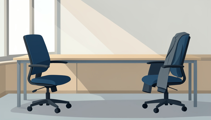 Conceptual illustration of two office chairs facing off across a desk, one empty and one occupied, symbolizing manager and worker standoff