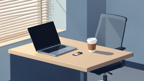 Conceptual illustration of an empty office desk with a lone coffee cup and a badge, symbolizing coffee badging