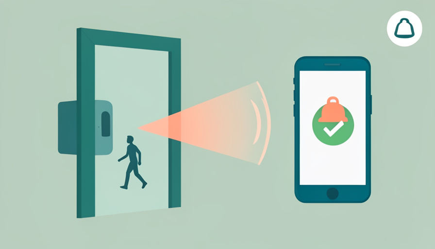 A video doorbell with a reliable motion-alert badge beside a phone notification, marked renter-friendly and no subscription