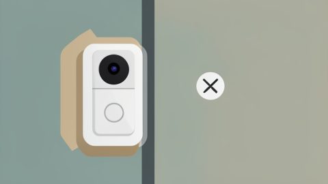 Conceptual illustration of a battery video doorbell mounted on a door frame with an adhesive pad and a no-drill symbol, evoking a renter-friendly install
