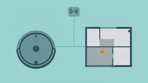 A robot vacuum with a partial house map missing a room, beside a router with a changed network icon