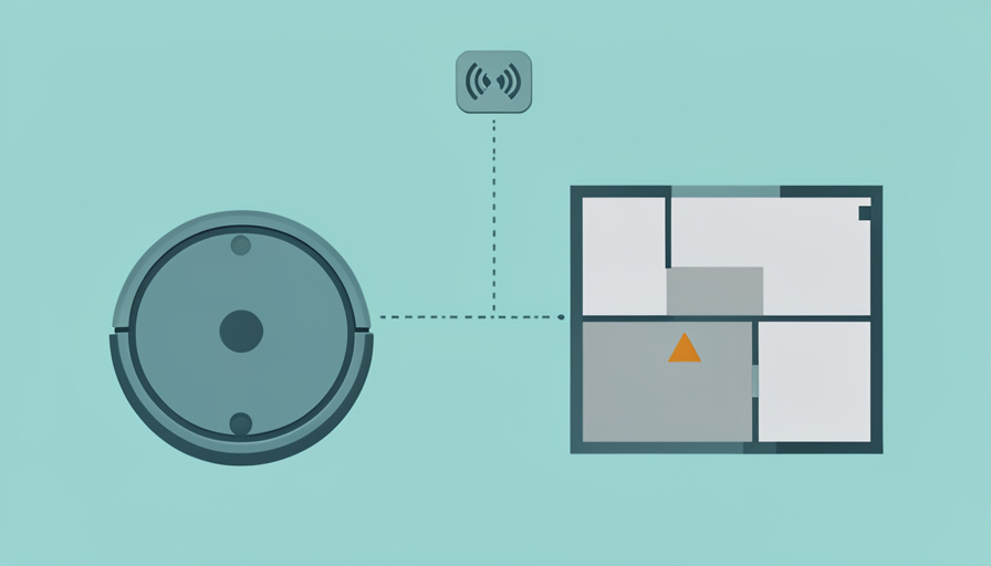 A robot vacuum with a partial house map missing a room, beside a router with a changed network icon