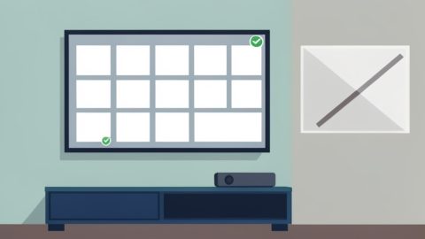 A TV showing a clean grid of blank app tiles with a green checkmark, a streaming box on the console, and a crossed-out ad banner