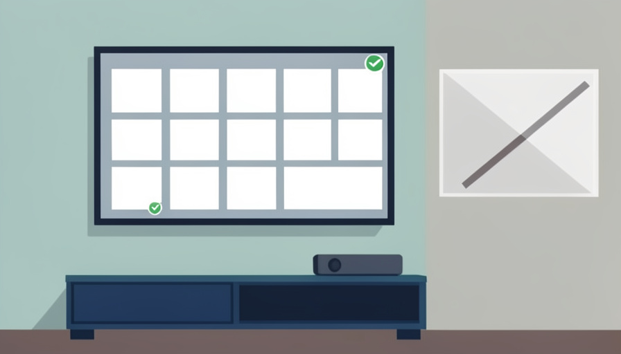 A TV showing a clean grid of blank app tiles with a green checkmark, a streaming box on the console, and a crossed-out ad banner
