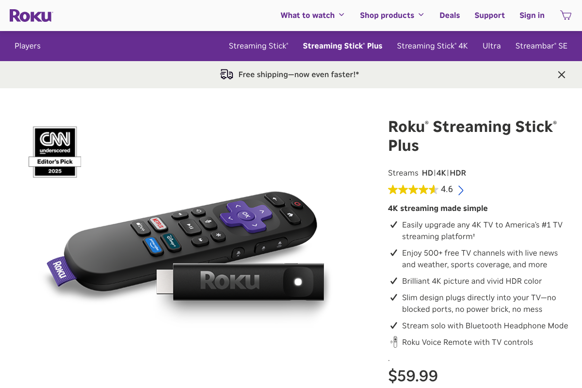 Roku Express 4K product page, a simple low-cost streaming player with an easy remote