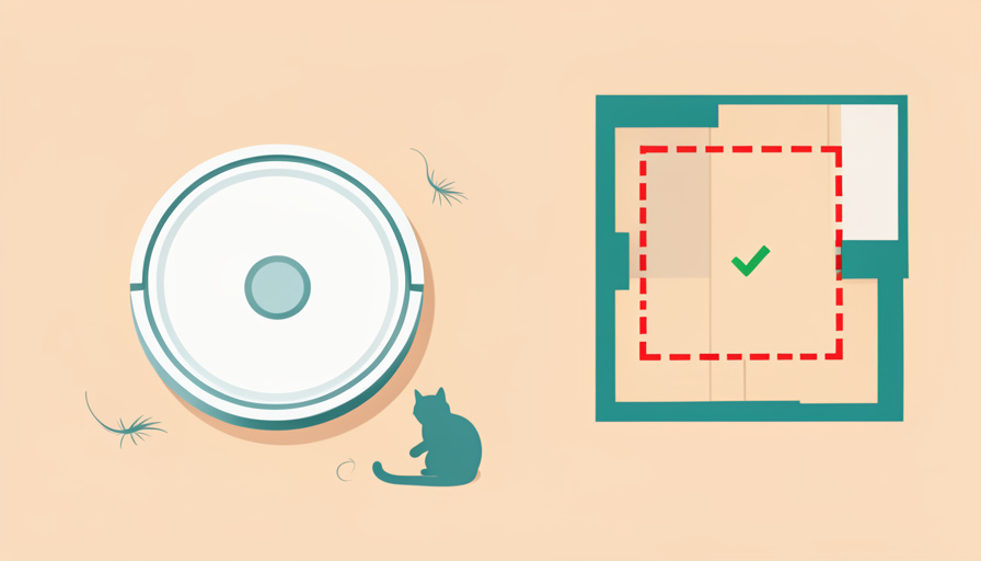 A robot vacuum with an anti-tangle brush cleaning near a shedding pet, with a floor map showing a no-go zone holding