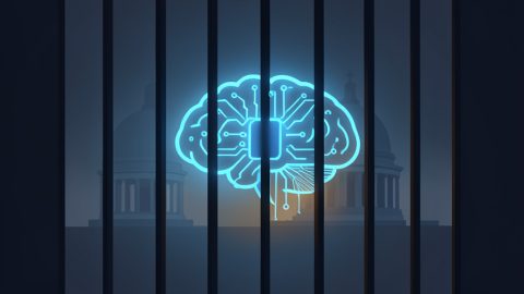 Conceptual illustration of a glowing AI brain icon behind prison-style bars with a legislative dome silhouette